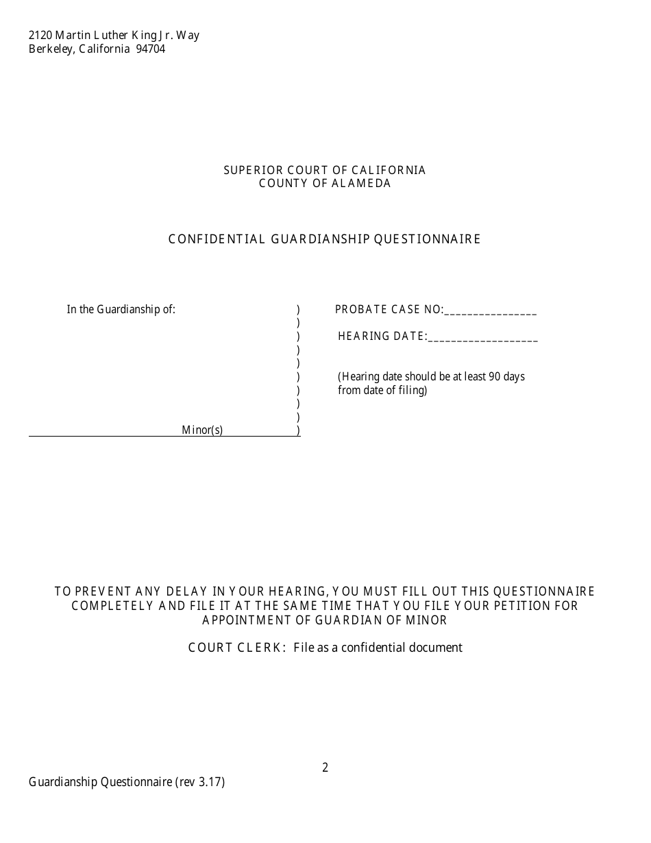 Confidential Guardianship Questionnaire - County of Alameda, California, Page 2