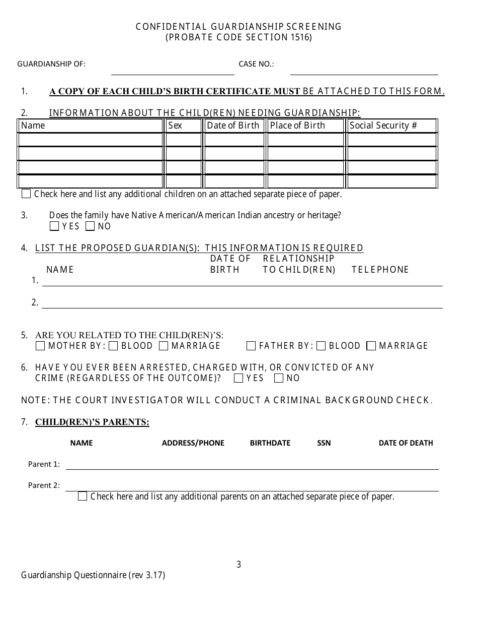 Confidential Guardianship Questionnaire - County of Alameda, California, Page 3