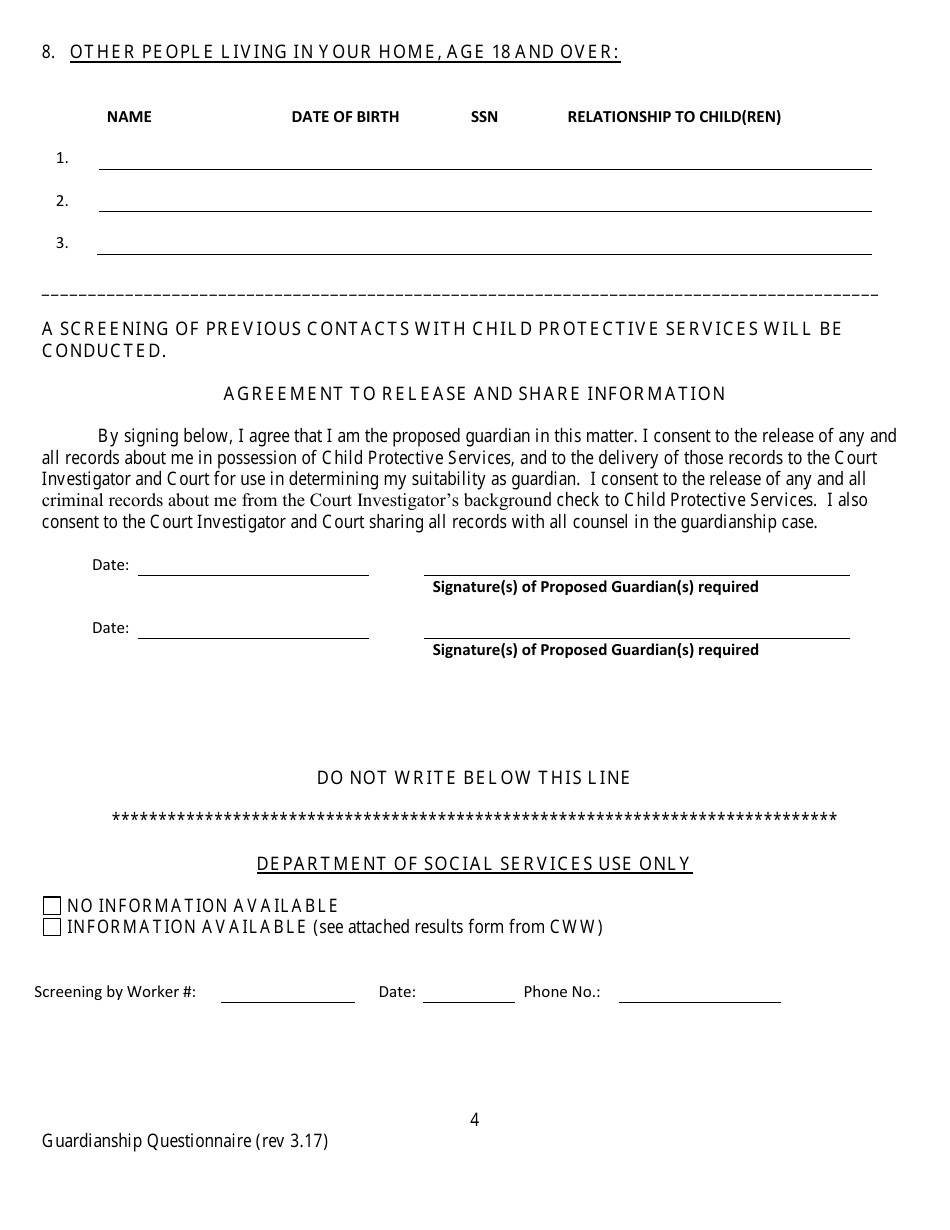 Confidential Guardianship Questionnaire - County of Alameda, California, Page 4