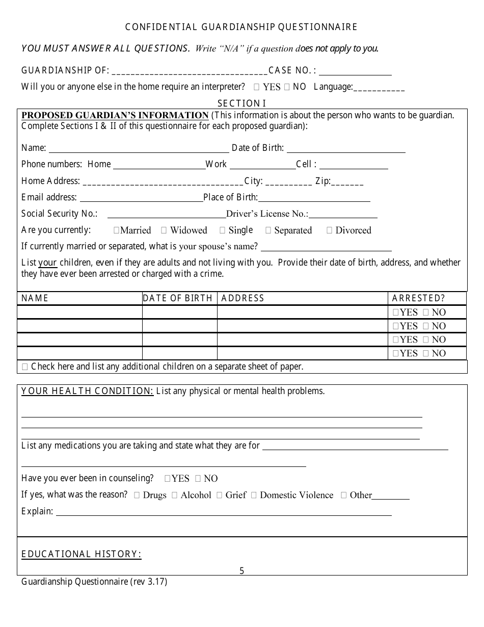 Confidential Guardianship Questionnaire - County of Alameda, California, Page 5