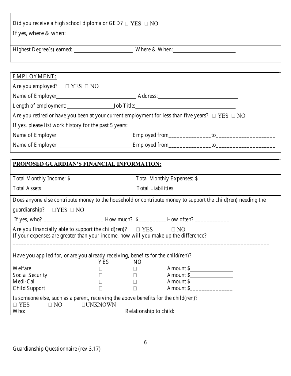 Confidential Guardianship Questionnaire - County of Alameda, California, Page 6