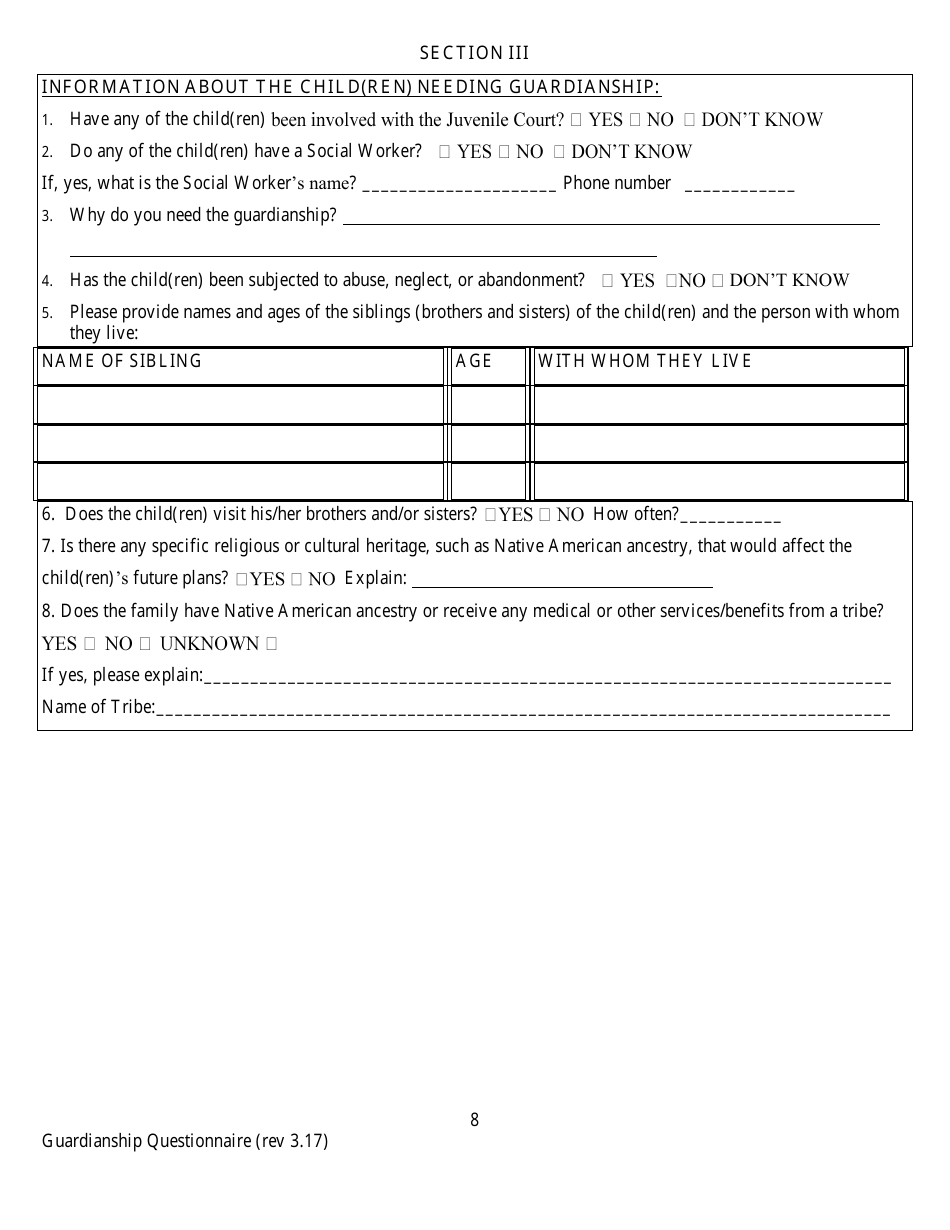 Confidential Guardianship Questionnaire - County of Alameda, California, Page 8
