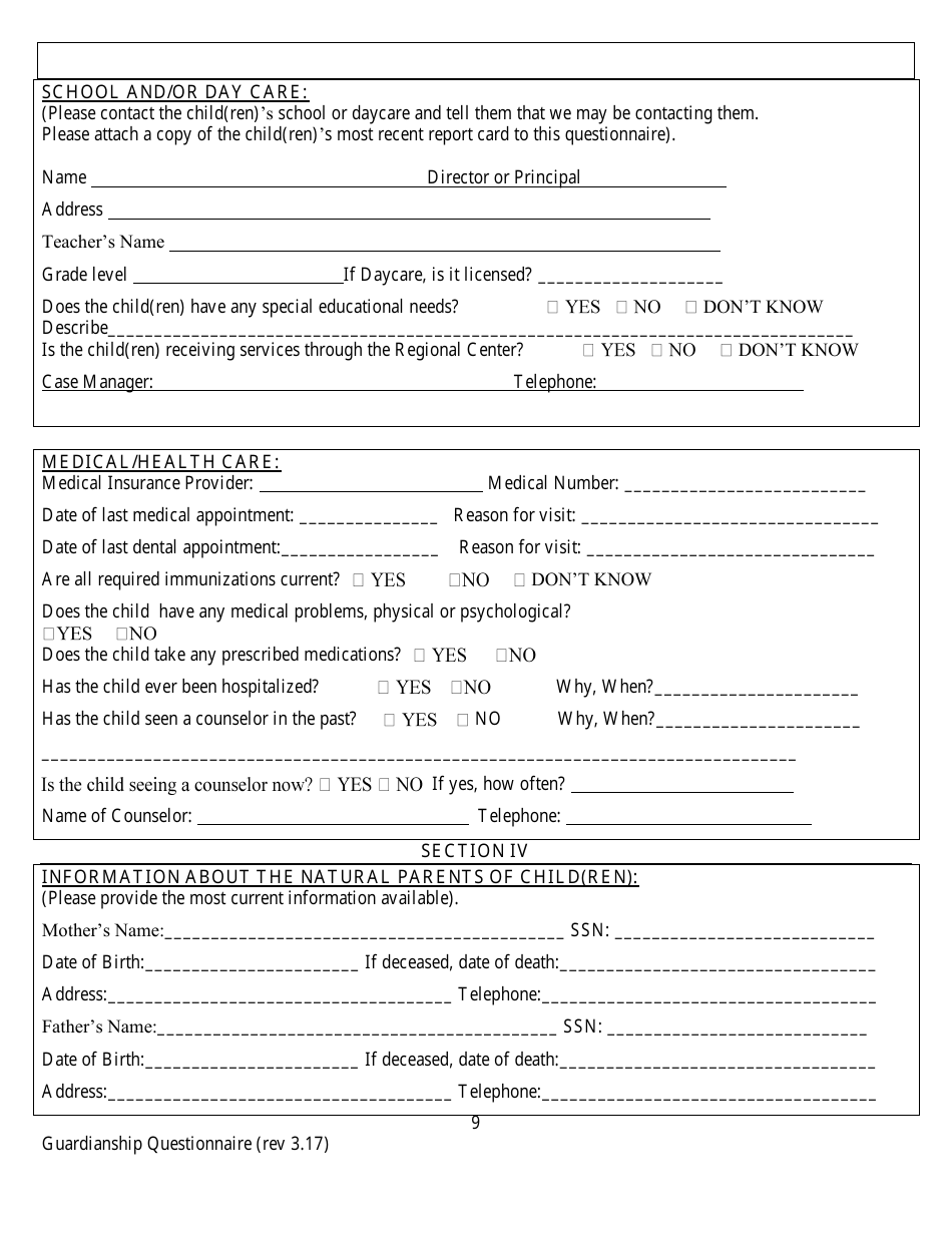 Confidential Guardianship Questionnaire - County of Alameda, California, Page 9
