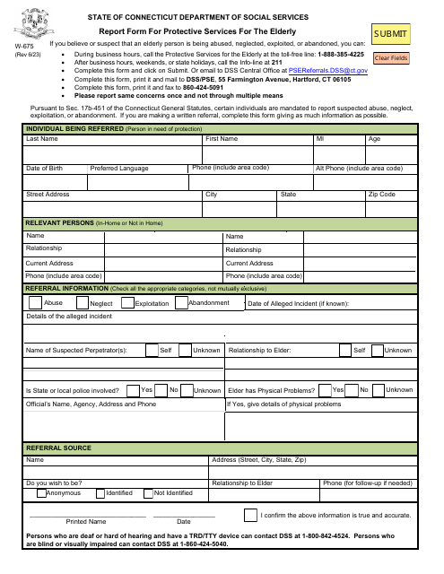 Form W-675 Report Form for Protective Services for the Elderly - Connecticut