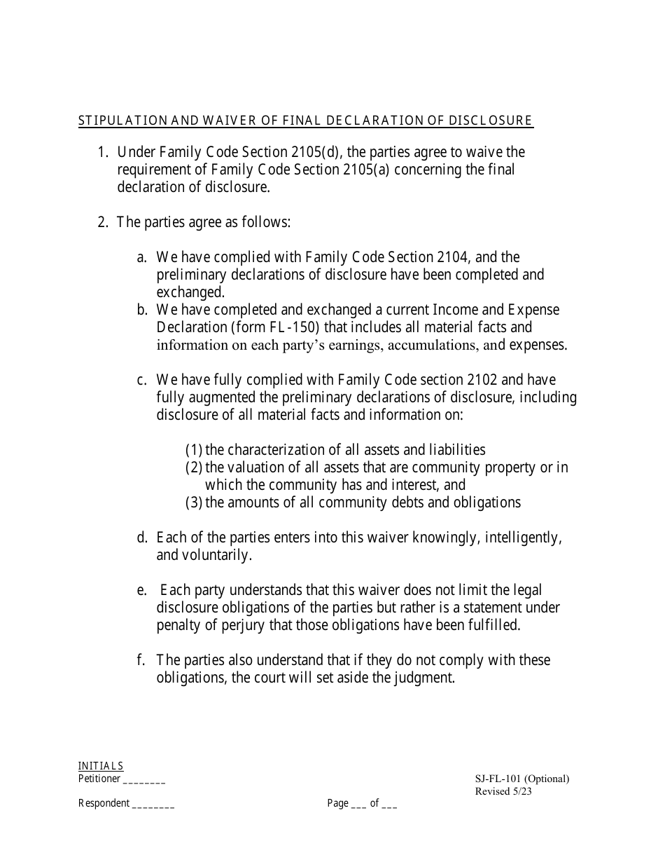 Form SJ-FL-101 Marital Settlement Agreement (No Children) - County of San Joaquin, California, Page 5