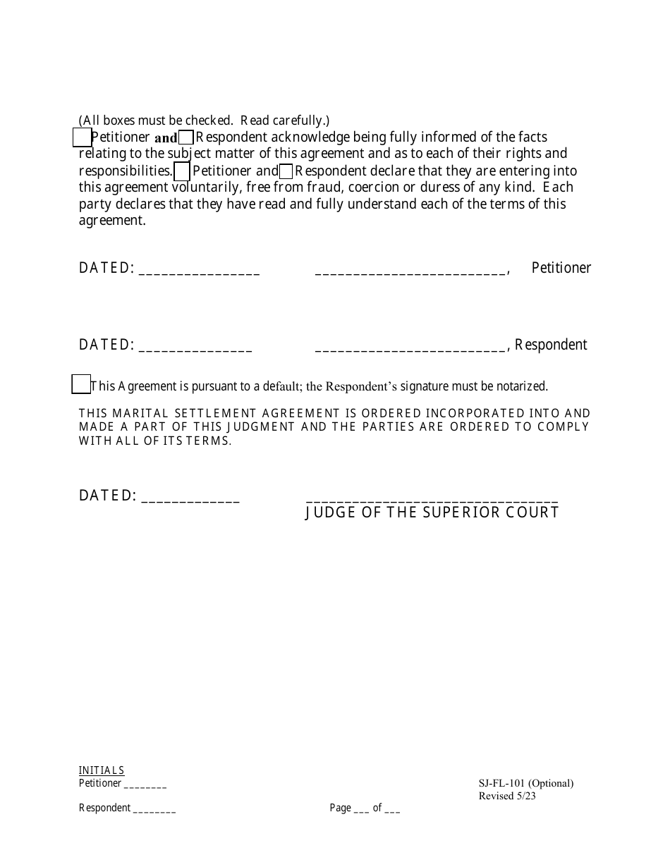 Form SJ-FL-101 Marital Settlement Agreement (No Children) - County of San Joaquin, California, Page 6