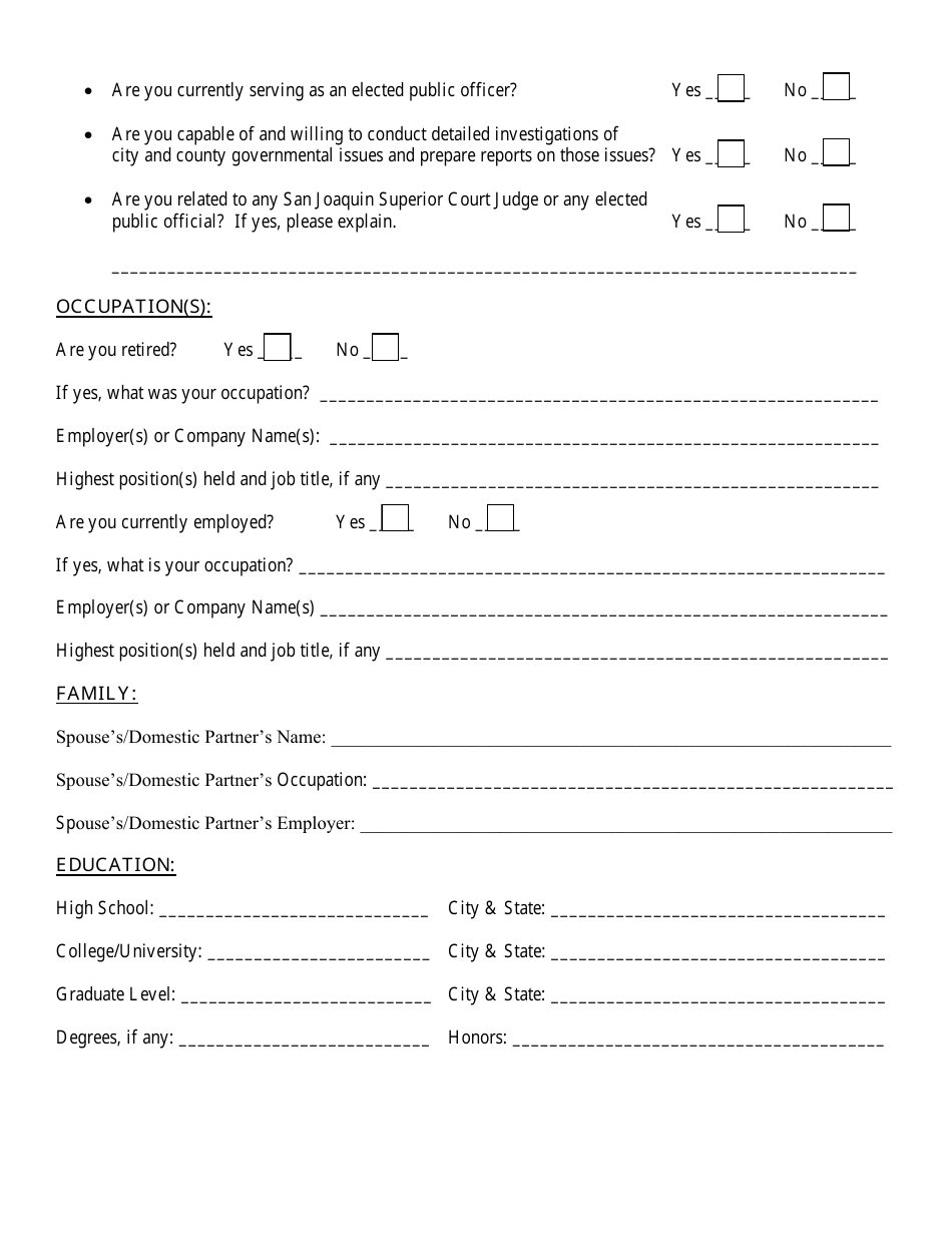 Prospective County Grand Jury Nominee Questionnaire - County of San Joaquin, California, Page 2