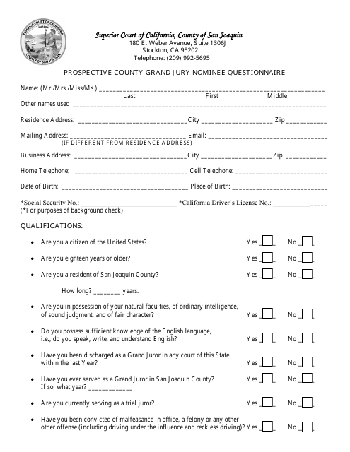 Prospective County Grand Jury Nominee Questionnaire - County of San Joaquin, California Download Pdf