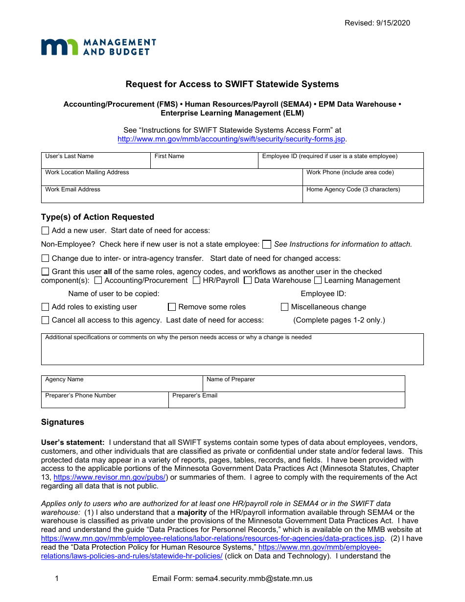 Request for Access to Swift Statewide Systems - Minnesota, Page 1