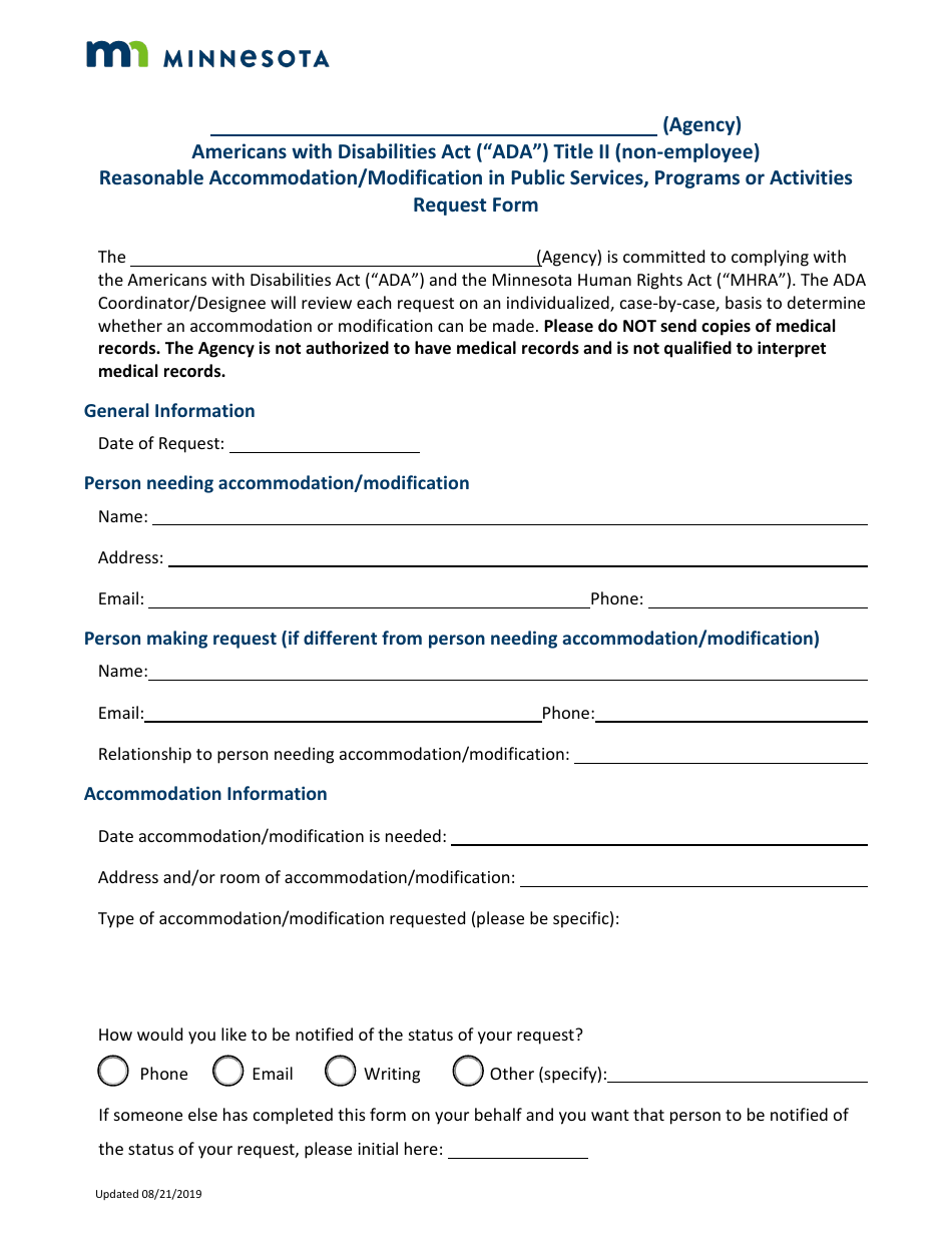 Americans With Disabilities Act (Ada) Title II (Non-employee) Reasonable Accommodation / Modification in Public Services, Programs or Activities Request Form - Minnesota, Page 1