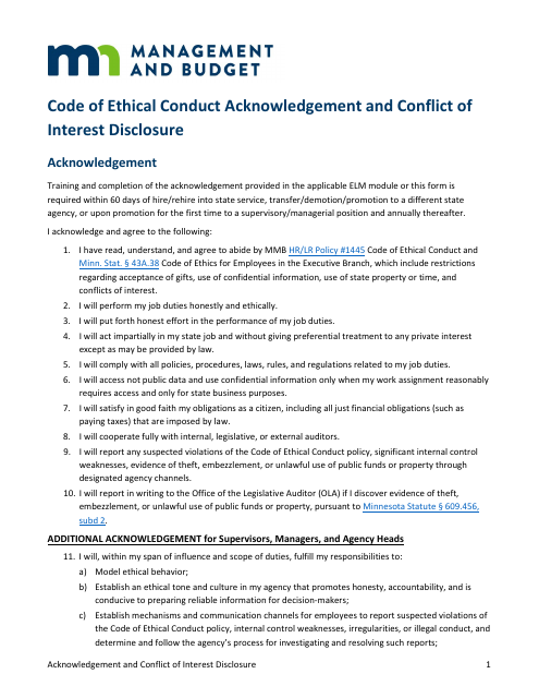 Code of Ethical Conduct Acknowledgement and Conflict of Interest Disclosure - Minnesota Download Pdf