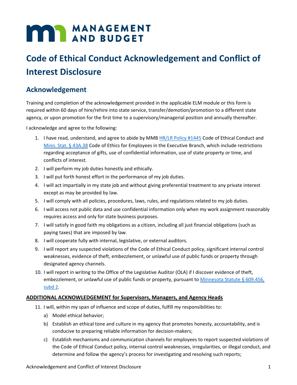 Code of Ethical Conduct Acknowledgement and Conflict of Interest Disclosure - Minnesota, Page 1
