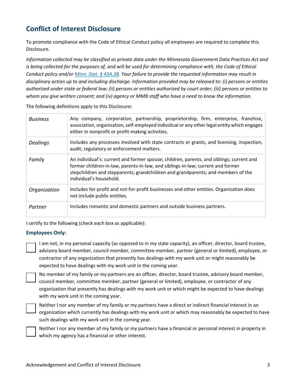 Code of Ethical Conduct Acknowledgement and Conflict of Interest Disclosure - Minnesota, Page 3