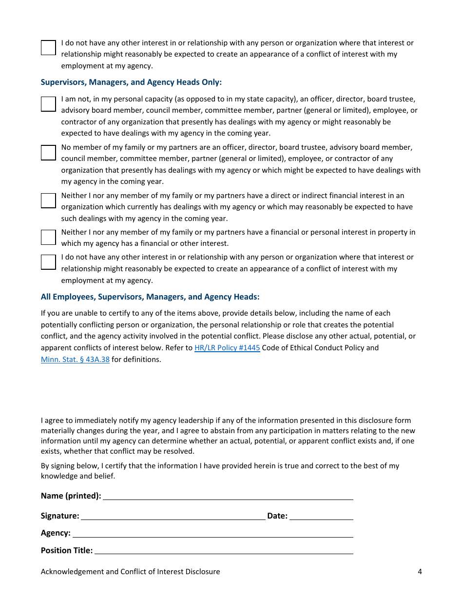 Code of Ethical Conduct Acknowledgement and Conflict of Interest Disclosure - Minnesota, Page 4