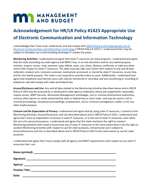 Acknowledgement for HR / Lr Policy #1423 Appropriate Use of Electronic Communication and Information Technology - Minnesota Download Pdf