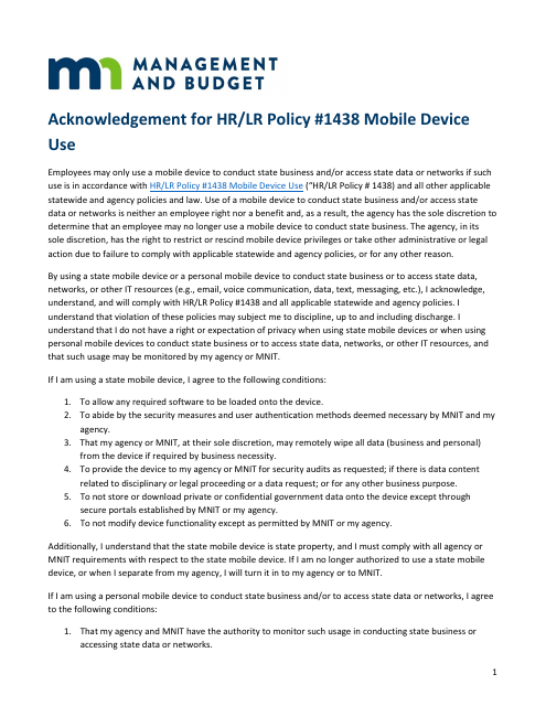 Acknowledgement for HR / Lr Policy #1438 Mobile Device - Minnesota Download Pdf