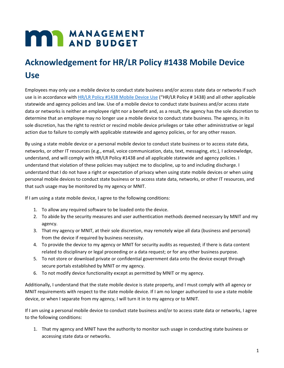 Acknowledgement for HR / Lr Policy #1438 Mobile Device - Minnesota, Page 1