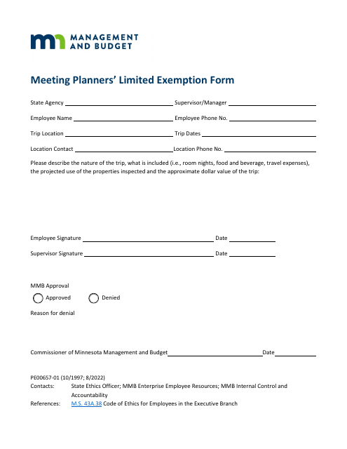 Form PE00657-01 Meeting Planners' Limited Exemption Form - Minnesota