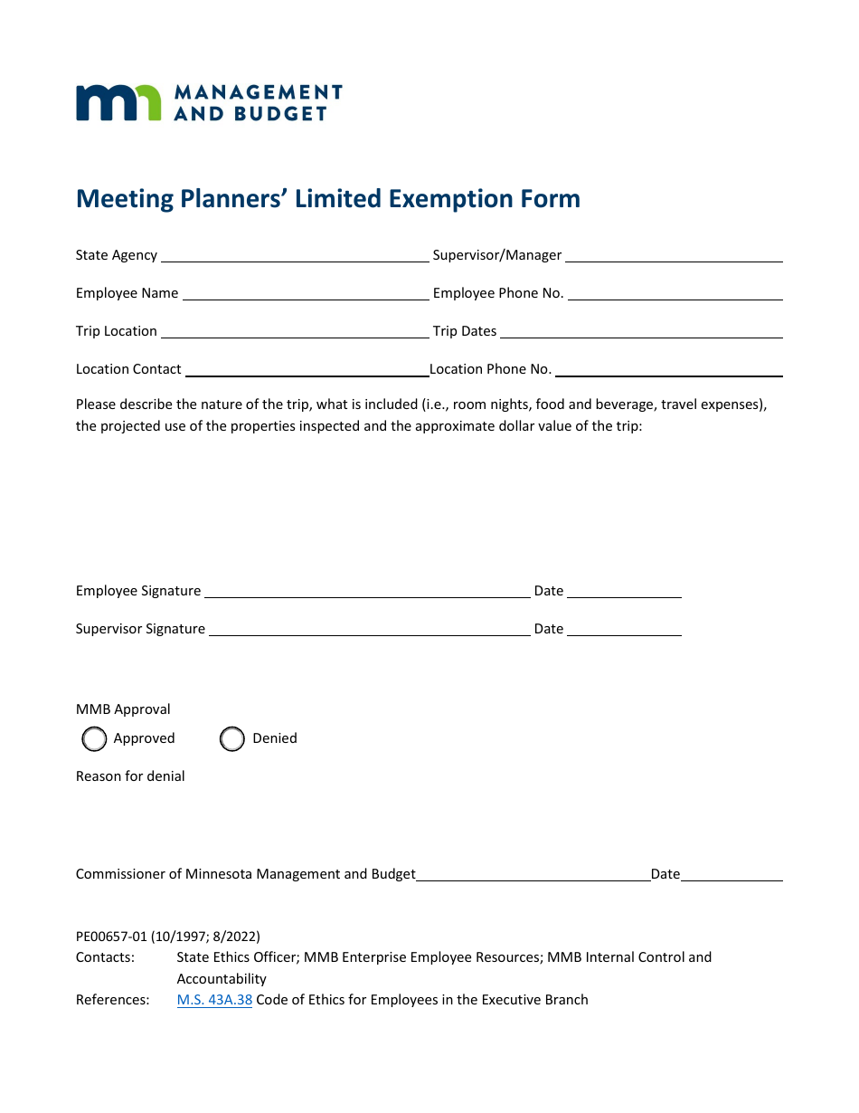 Form PE00657-01 Meeting Planners Limited Exemption Form - Minnesota, Page 1