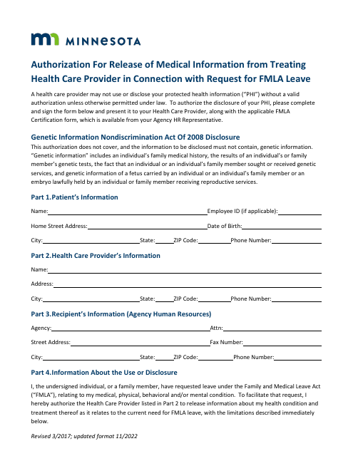 Authorization for Release of Medical Information From Treating Health Care Provider in Connection With Request for Fmla Leave - Minnesota Download Pdf