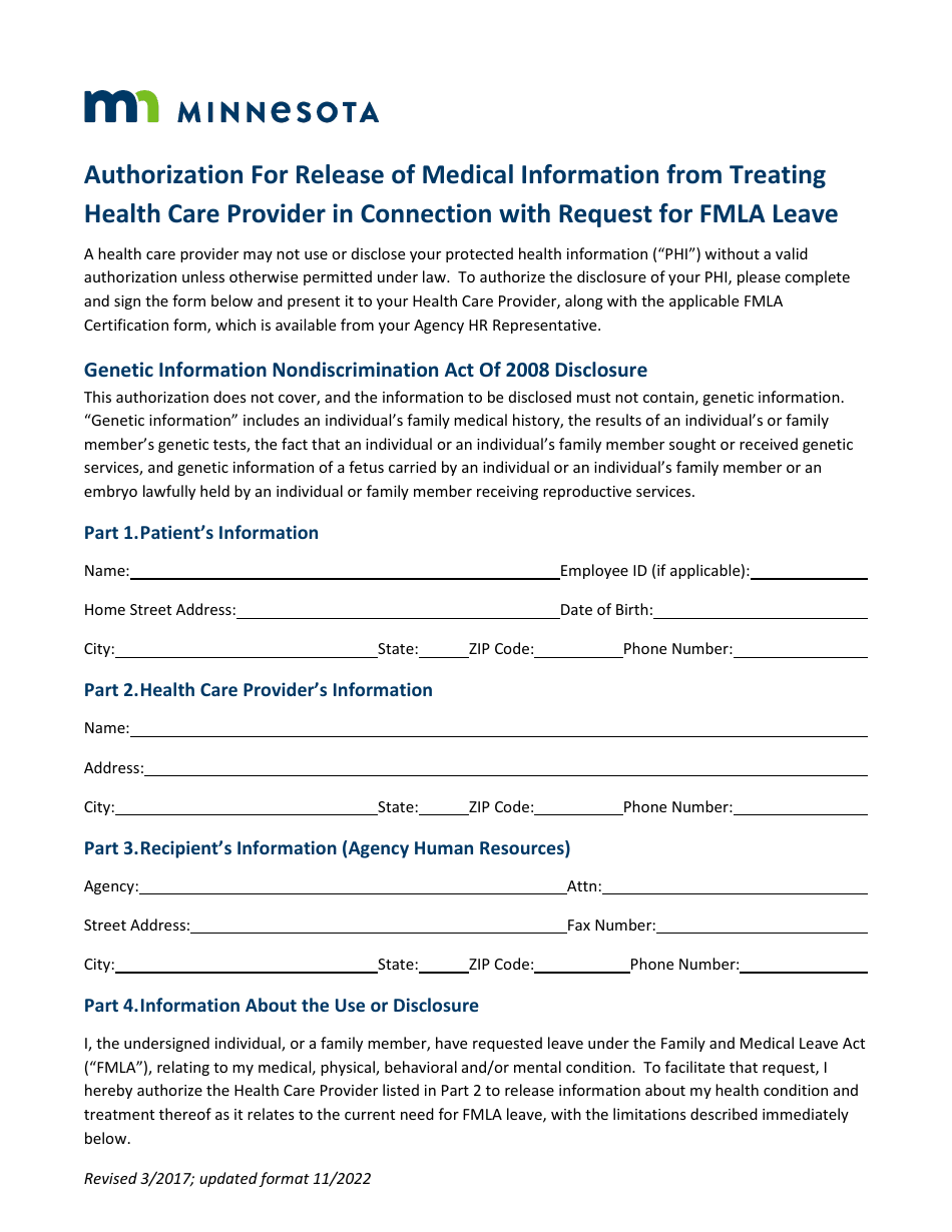 Minnesota Authorization for Release of Medical Information From Treating Health Care Provider in