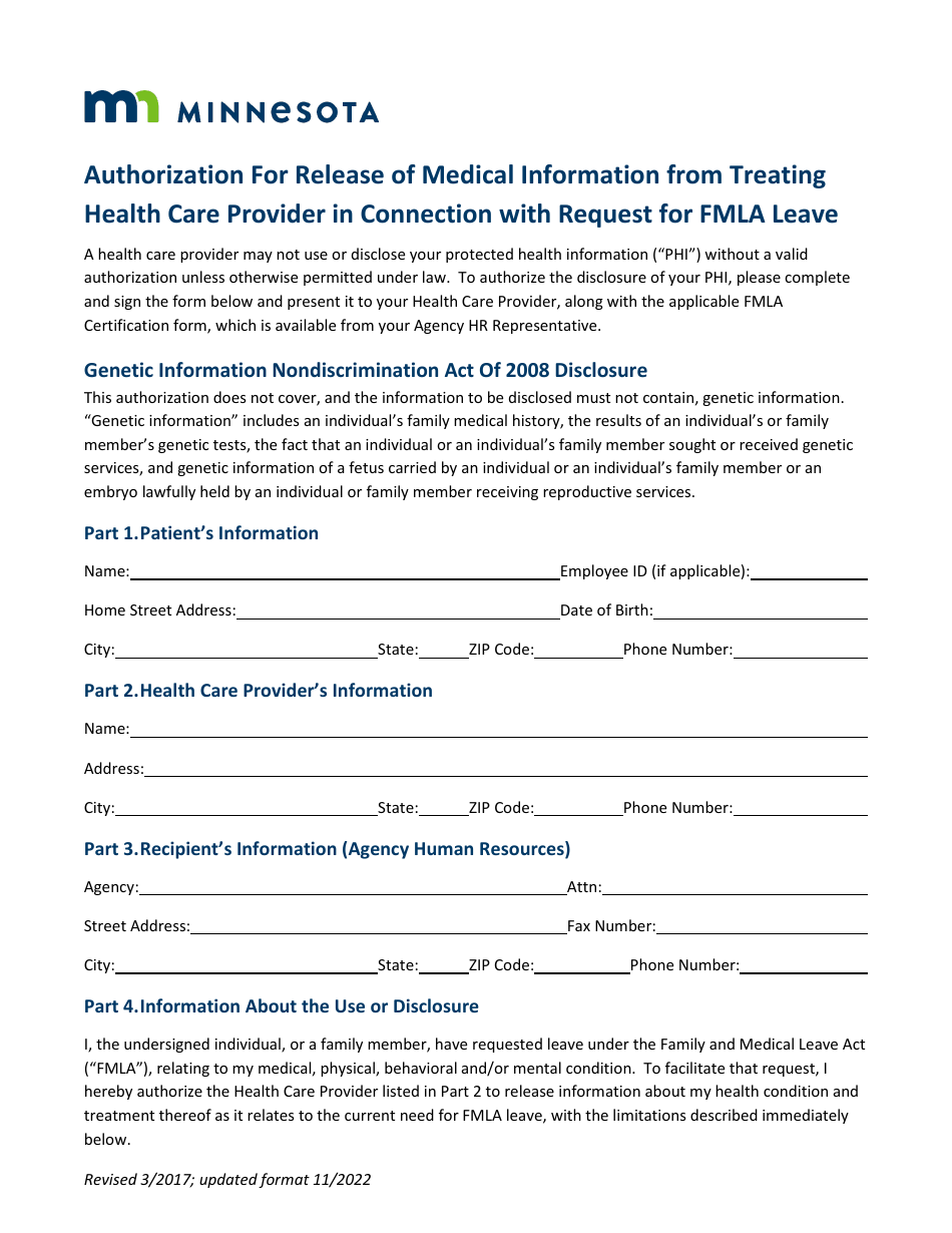 Authorization for Release of Medical Information From Treating Health Care Provider in Connection With Request for Fmla Leave - Minnesota, Page 1