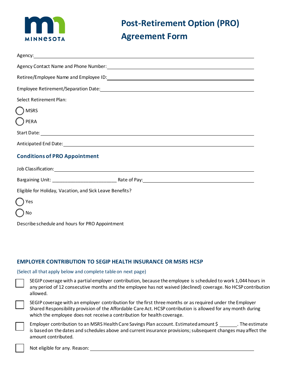 Post-retirement Option (Pro) Agreement Form - Minnesota, Page 1