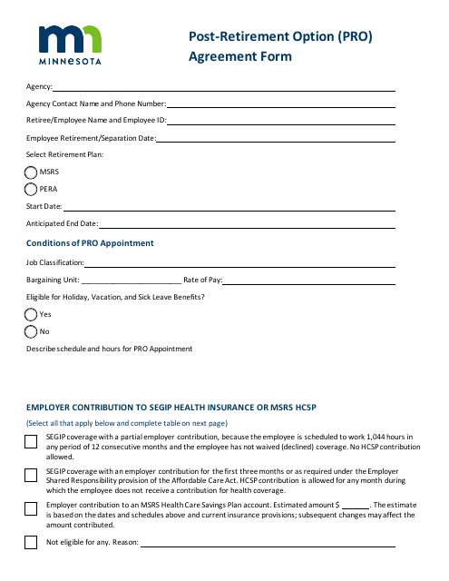 Post-retirement Option (Pro) Agreement Form - Minnesota Download Pdf