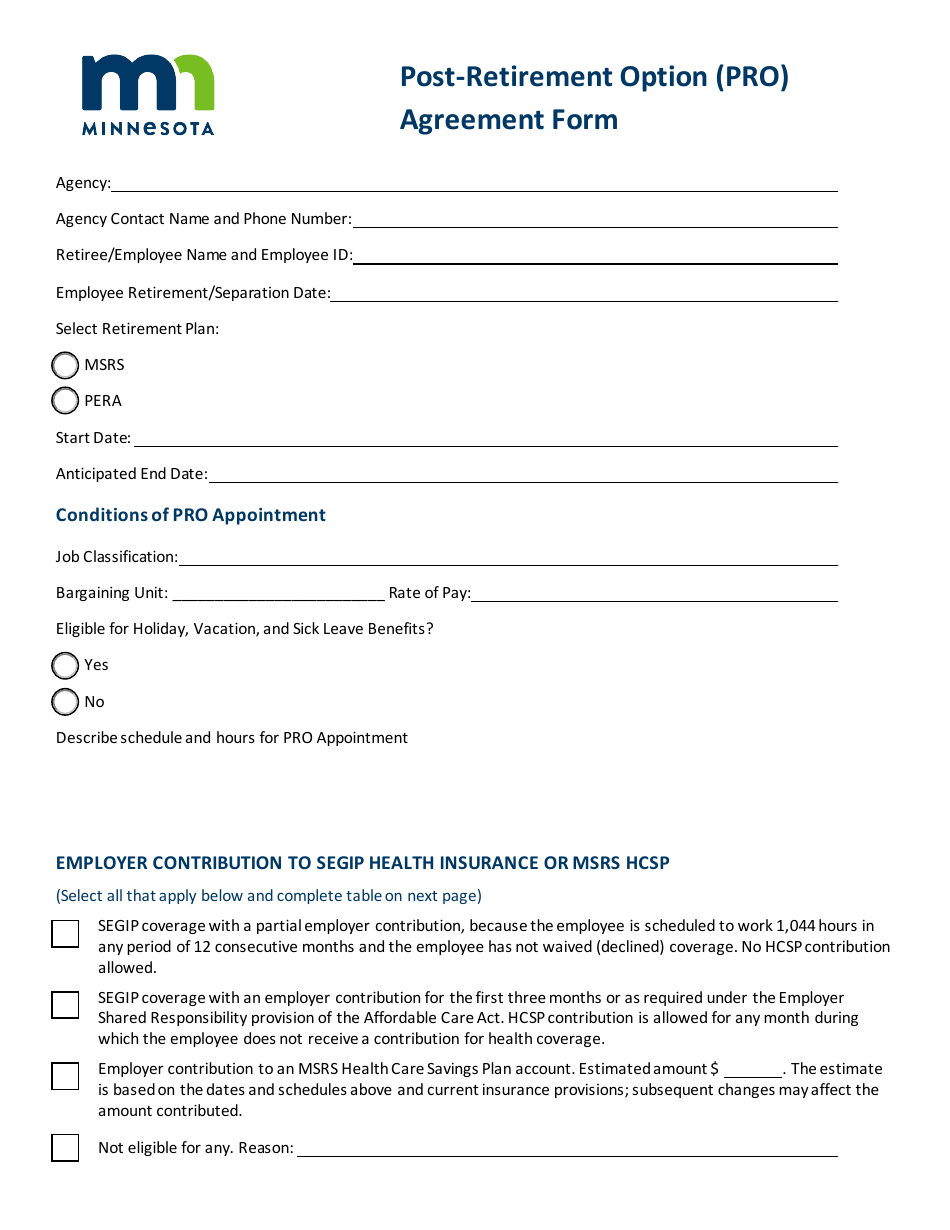 Minnesota Post-retirement Option (Pro) Agreement Form - Fill Out, Sign ...