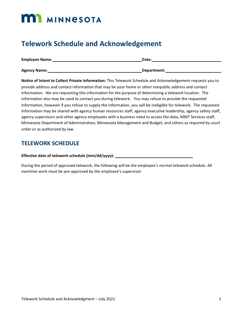 Telework Schedule and Acknowledgement - Minnesota Download Pdf