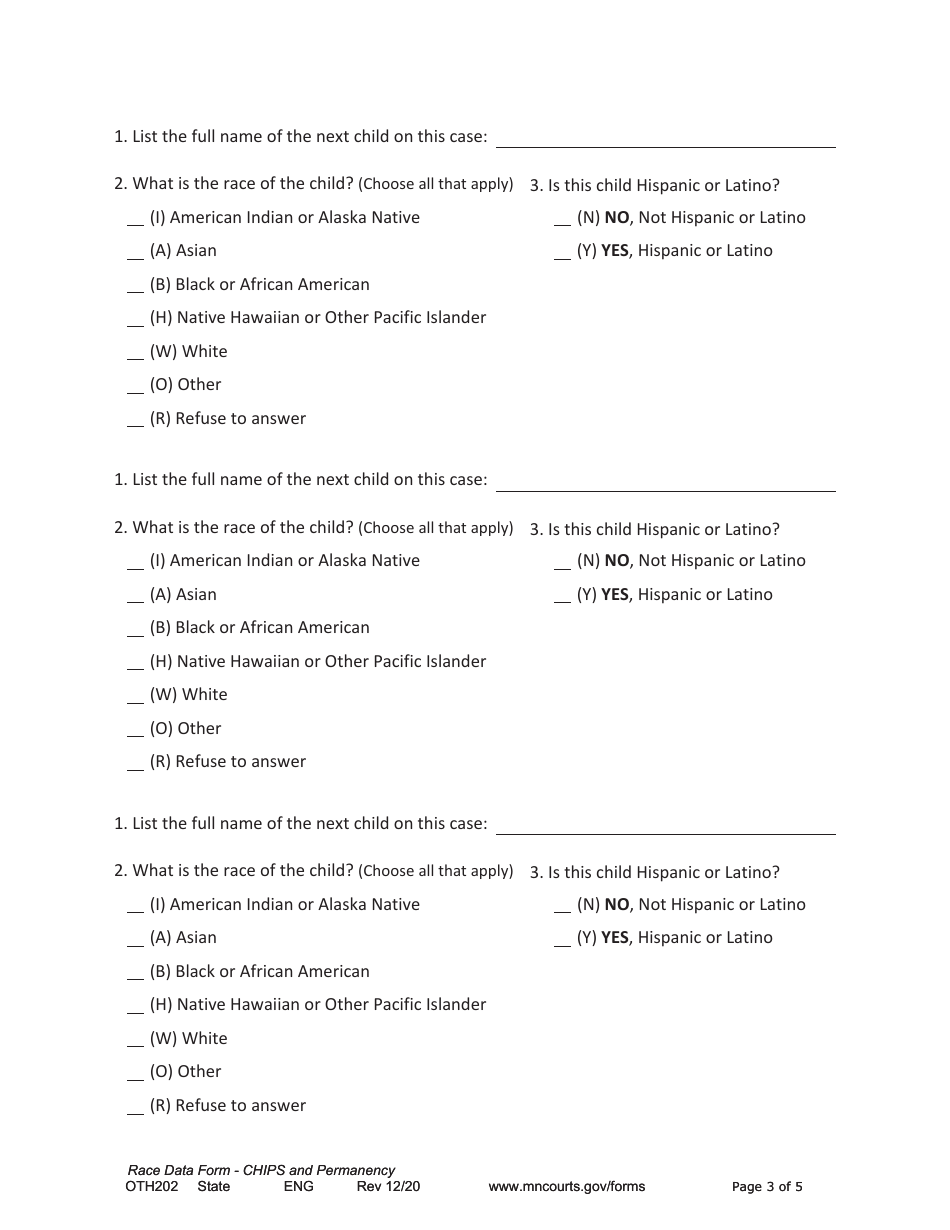 Form OTH202 Race Data Form - Chips and Permanency Cases - Minnesota, Page 3