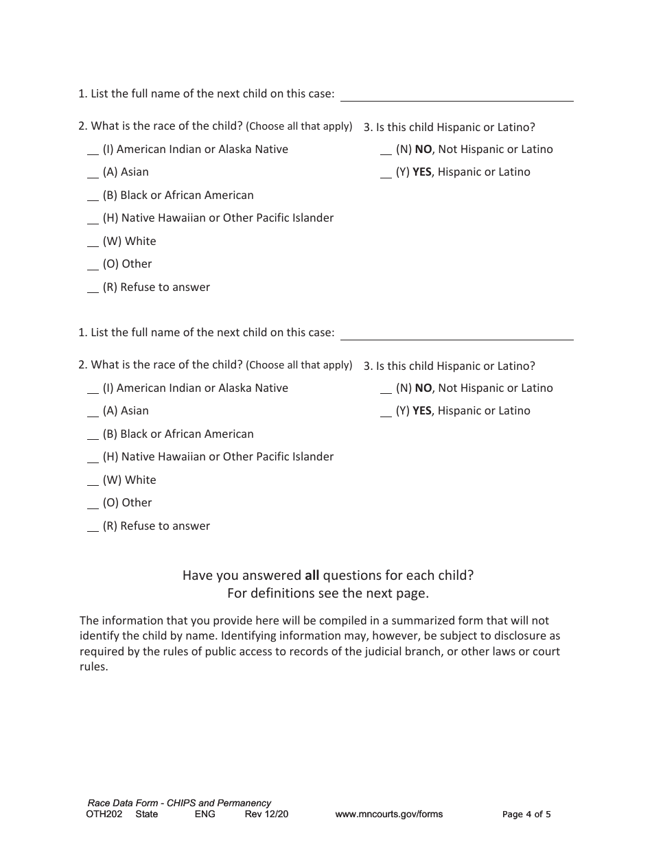 Form OTH202 Race Data Form - Chips and Permanency Cases - Minnesota, Page 4
