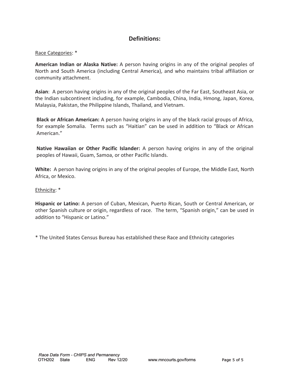 Form OTH202 Race Data Form - Chips and Permanency Cases - Minnesota, Page 5