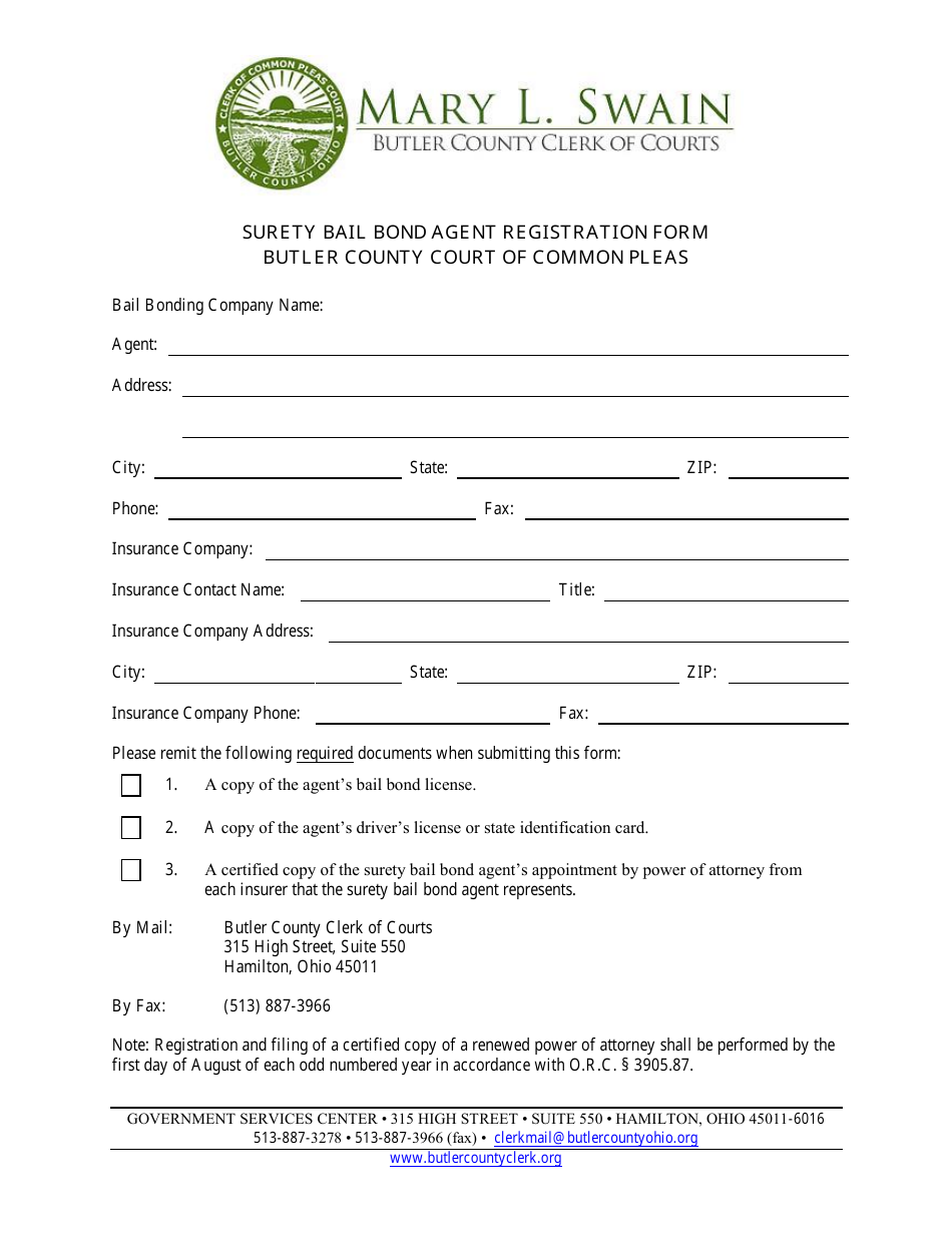 Surety Bail Bond Agent Registration Form - Butler County, Ohio, Page 1