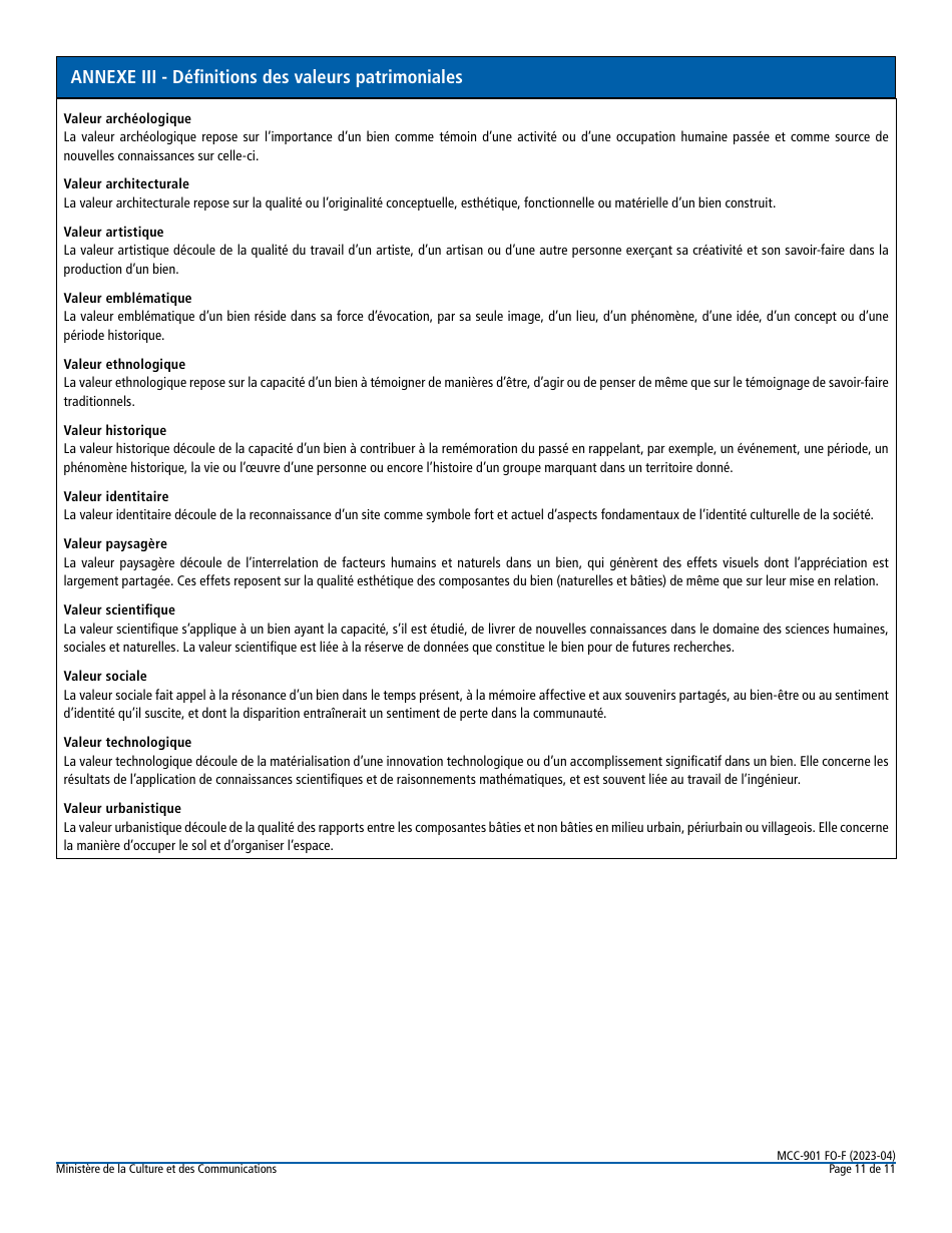 Forme MCC-901 FO-F Declaration Dun Site Patrimonial Par Le Gouvernement - Quebec, Canada (French), Page 11