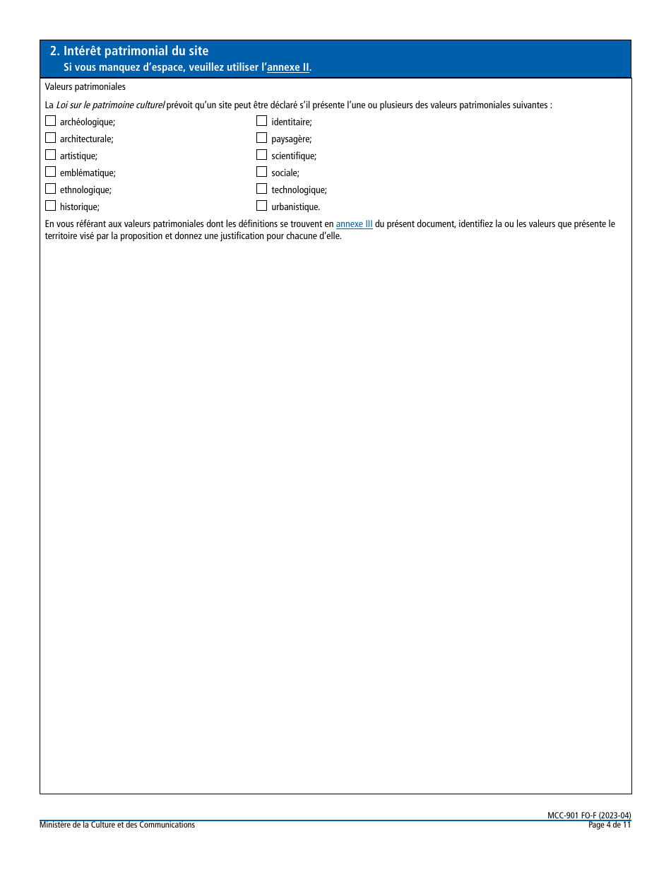 Forme MCC-901 FO-F Declaration Dun Site Patrimonial Par Le Gouvernement - Quebec, Canada (French), Page 4