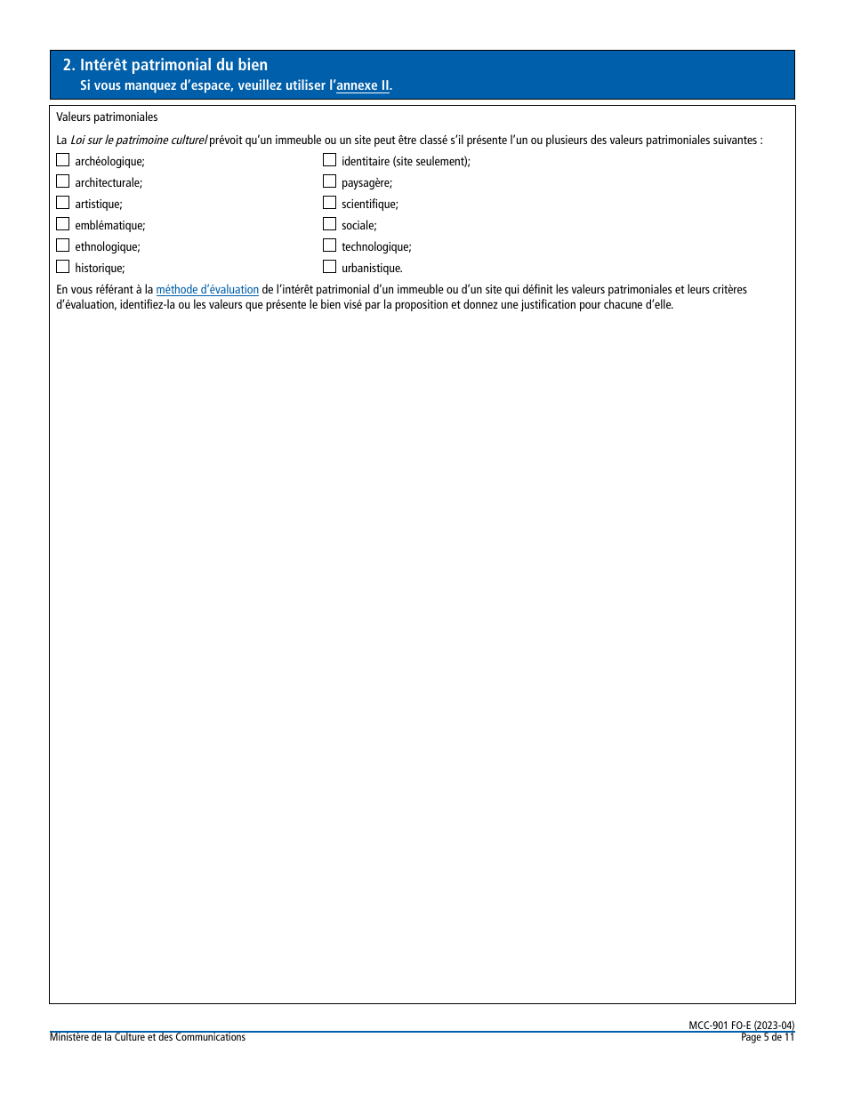 Forme MCC-901 FO-E Classement Dun Immeuble Ou Dun Site Patrimonial - Quebec, Canada (French), Page 5