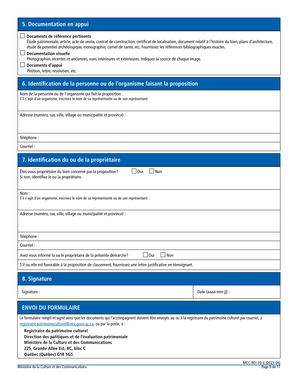 Forme MCC-901 FO-E Classement Dun Immeuble Ou Dun Site Patrimonial - Quebec, Canada (French), Page 9