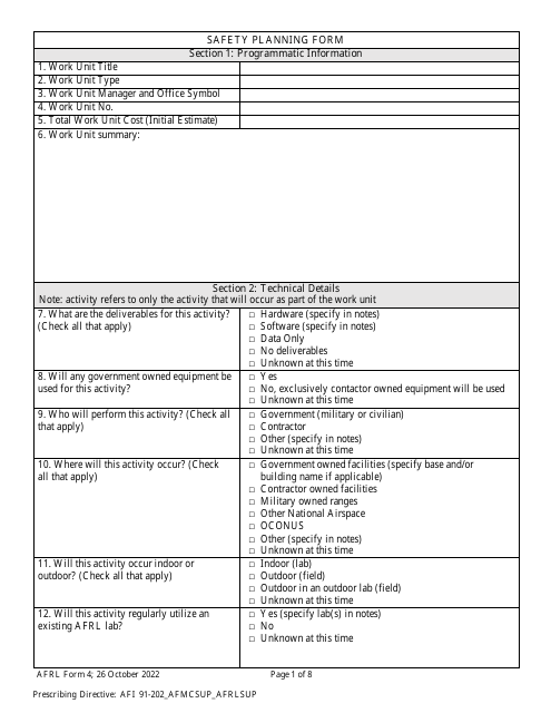 AFRL Form 4 Safety Planning Form
