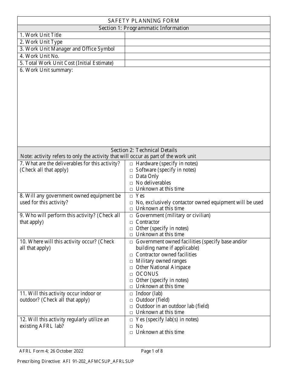 AFRL Form 4 Safety Planning Form, Page 1