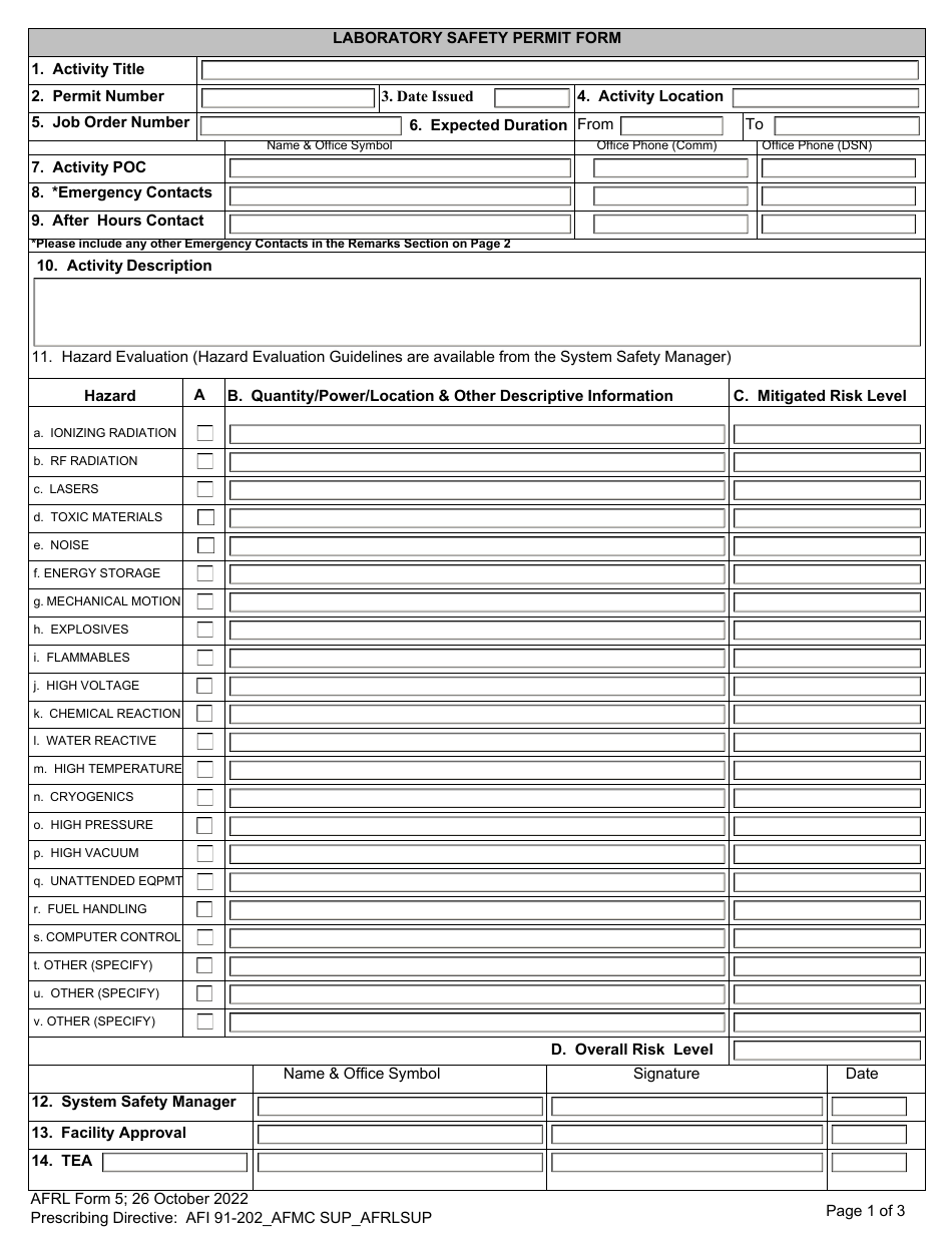 AFRL Form 5 Laboratory Safety Permit Form, Page 1