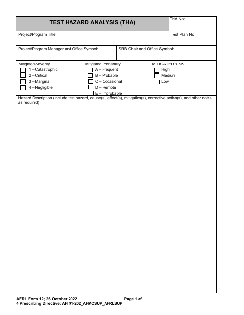 AFRL Form 12 Test Hazard Analysis (Tha)