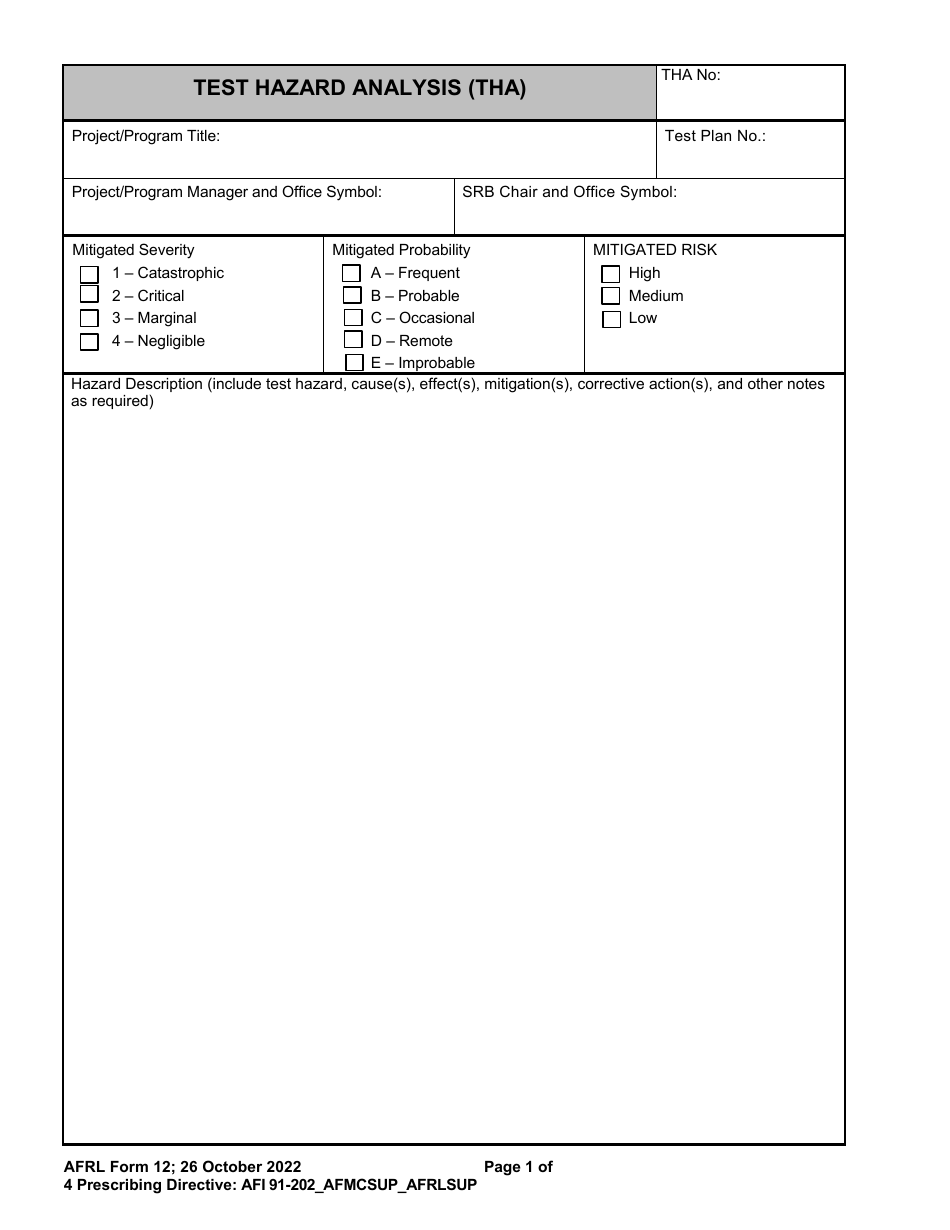 AFRL Form 12 Test Hazard Analysis (Tha), Page 1