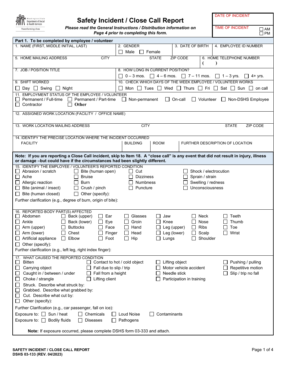 DSHS Form 03-133 Safety Incident / Close Call Report - Washington, Page 1