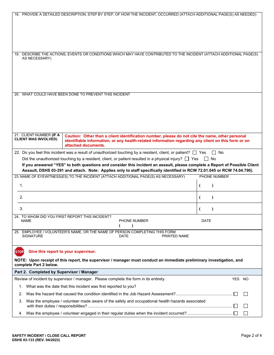 DSHS Form 03-133 Safety Incident / Close Call Report - Washington, Page 2