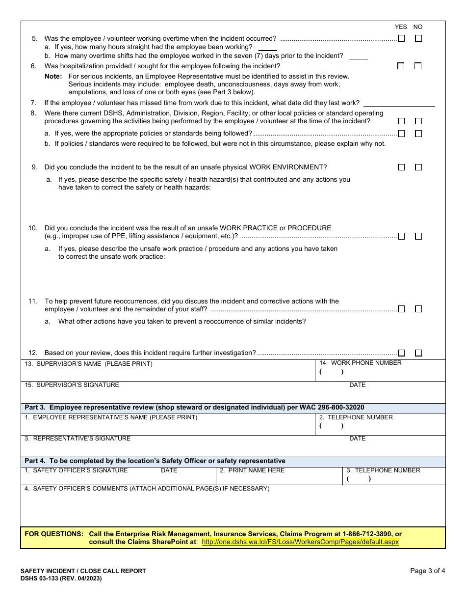 DSHS Form 03-133 Safety Incident / Close Call Report - Washington, Page 3