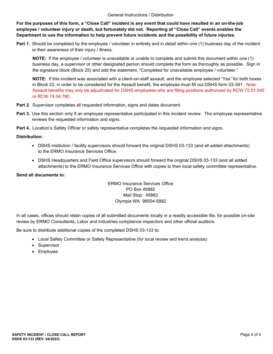 DSHS Form 03-133 Safety Incident / Close Call Report - Washington, Page 4