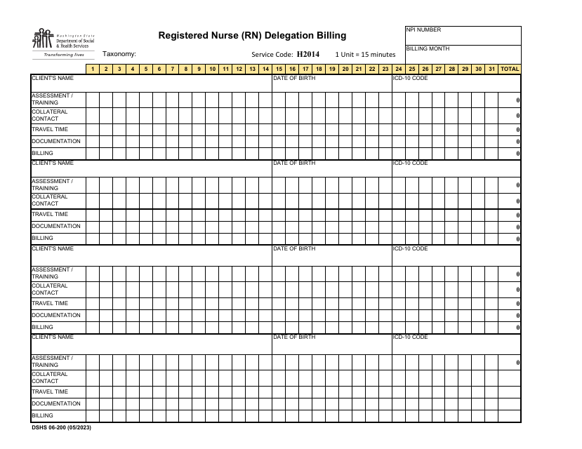 DSHS Form 06-200 Registered Nurse (Rn) Delegation Billing - Washington