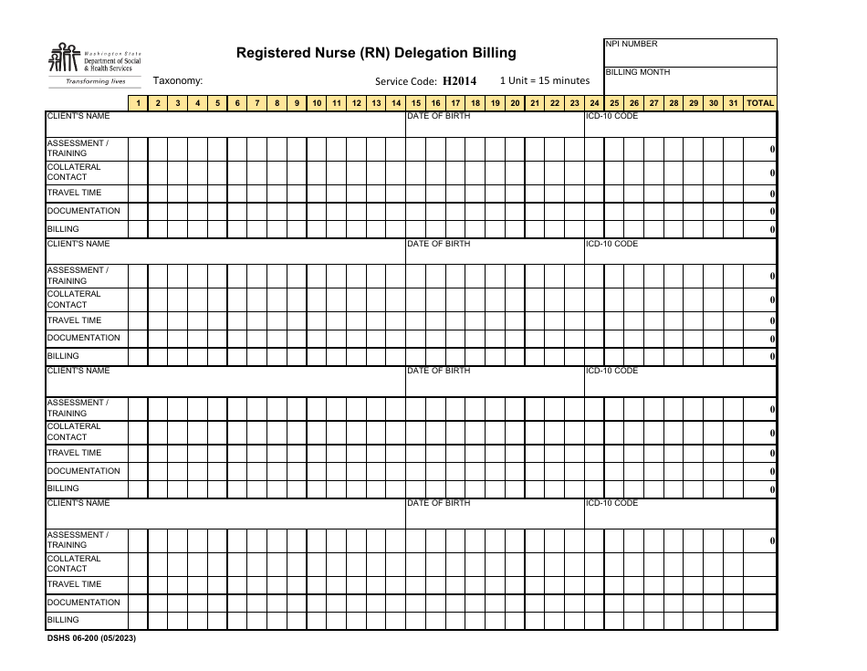 DSHS Form 06-200 Registered Nurse (Rn) Delegation Billing - Washington, Page 1