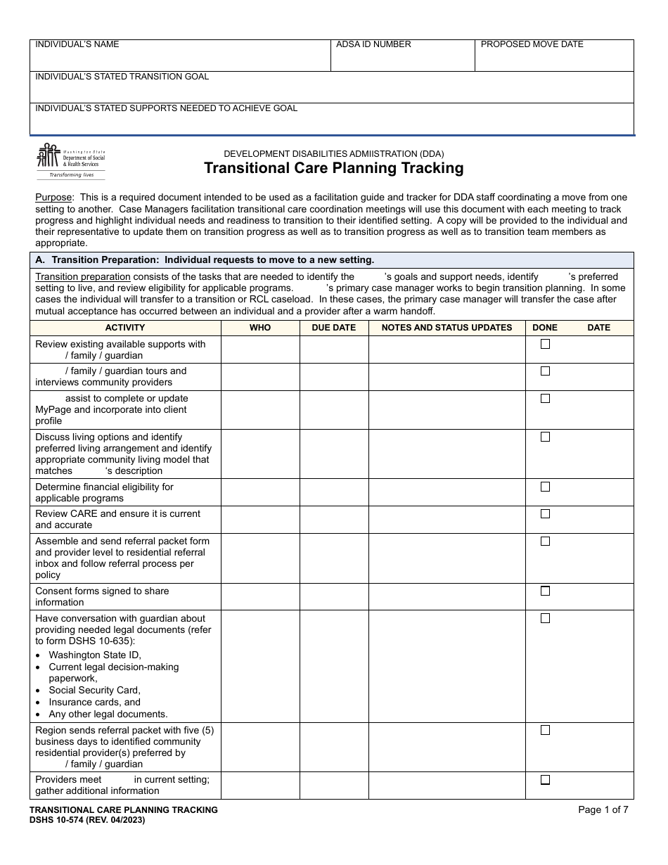 DSHS Form 10-574 Transitional Care Planning Tracking - Washington, Page 1